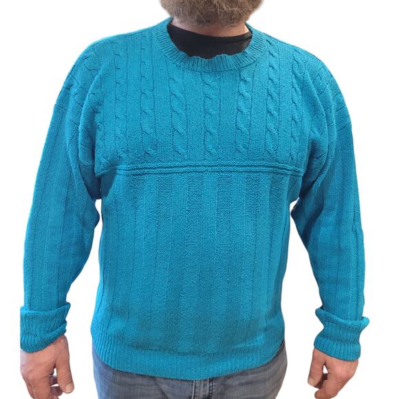 Vntg 1980s Perry Ellis Mens Turquoise Silk Cotton Cable Knit Fisherman Sweater - Picture 1 of 8